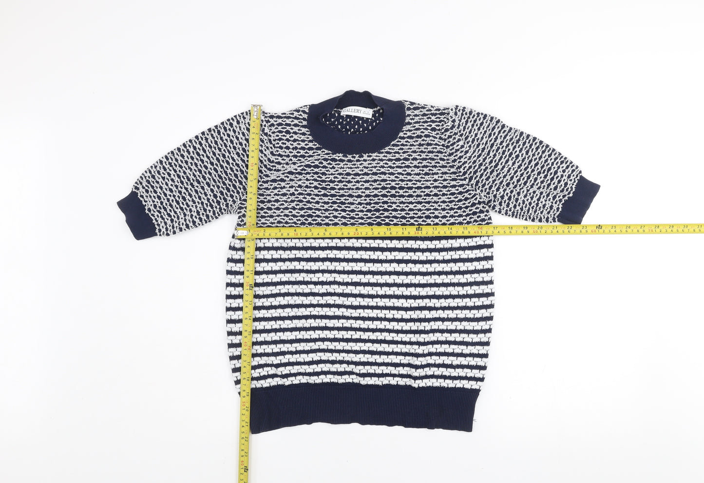 Gallery Women Blue Striped Knit 3/4 Sleeve Crew Neck Blouse Size S