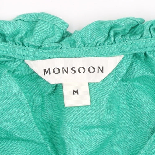 Monsoon Women’s Green Linen Long Sleeve Button Blouse Size M