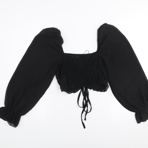 I SAW IT FIRST Women's Black Cropped Puff Sleeve Chiffon Blouse - Size S