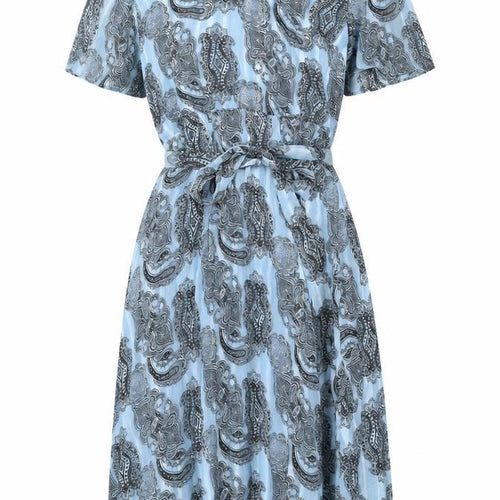 AKOZ De Toi Women’s Blue Paisley A-Line V-Neck Belted Dress XL