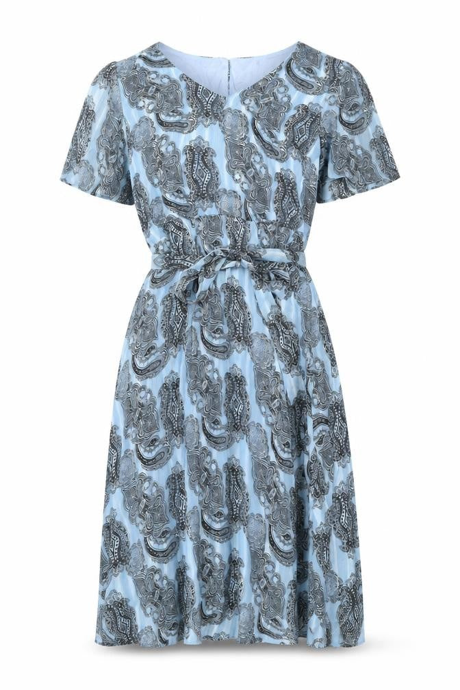 AKOZ De Toi Women’s Blue Paisley A-Line V-Neck Belted Dress XL
