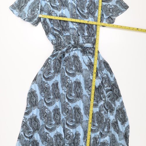 AKOZ De Toi Women’s Blue Paisley A-Line V-Neck Belted Dress XL