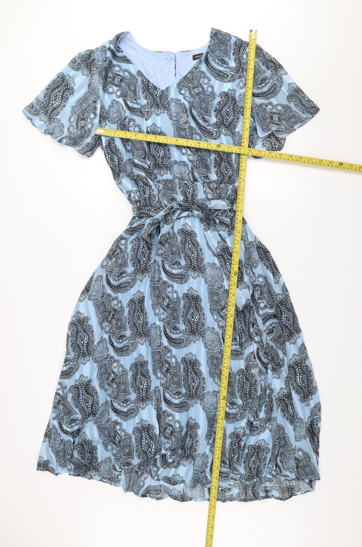AKOZ De Toi Women’s Blue Paisley A-Line V-Neck Belted Dress XL