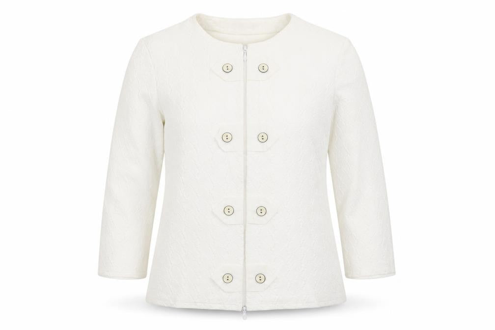 Front view of Rayure Paris Women’s Ivory Short Jacket, size UK 14, Button Zip Classic Style
