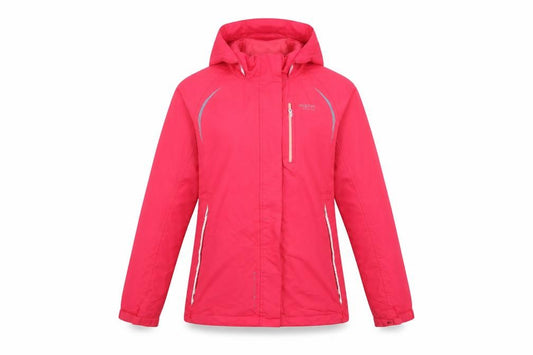 Front view of Regatta women’s pink waterproof hooded rain jacket, size UK 10