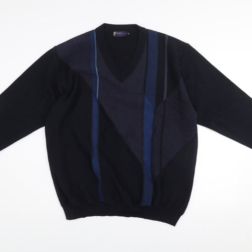 Franco Bencini Collezione Men's Blue Geometric V-Neck Wool Blend Jumper XL