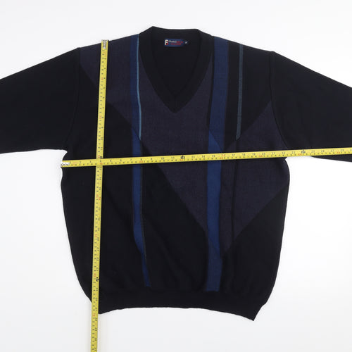 Franco Bencini Collezione Men's Blue Geometric V-Neck Wool Blend Jumper XL