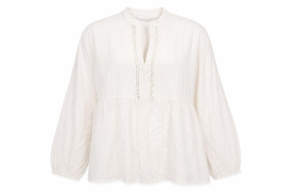Front view of Dunnes Women Ivory Striped Cotton Tunic Blouse, size M
