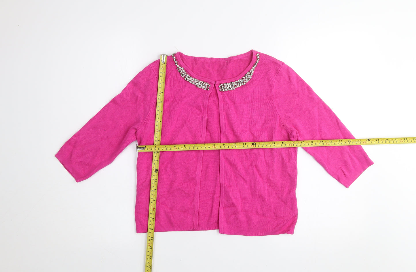 Savida Women's Pink Jewel Neck 3/4 Sleeve Cotton Cardigan Size S