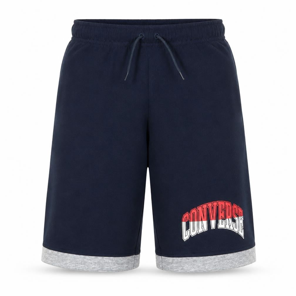 Front view of Converse boys’ navy sweat shorts xl 13-15 years athletic drawstring