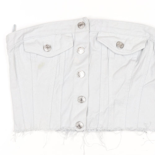 ZARA Women White Cropped Denim Button Strapless Blouse XS