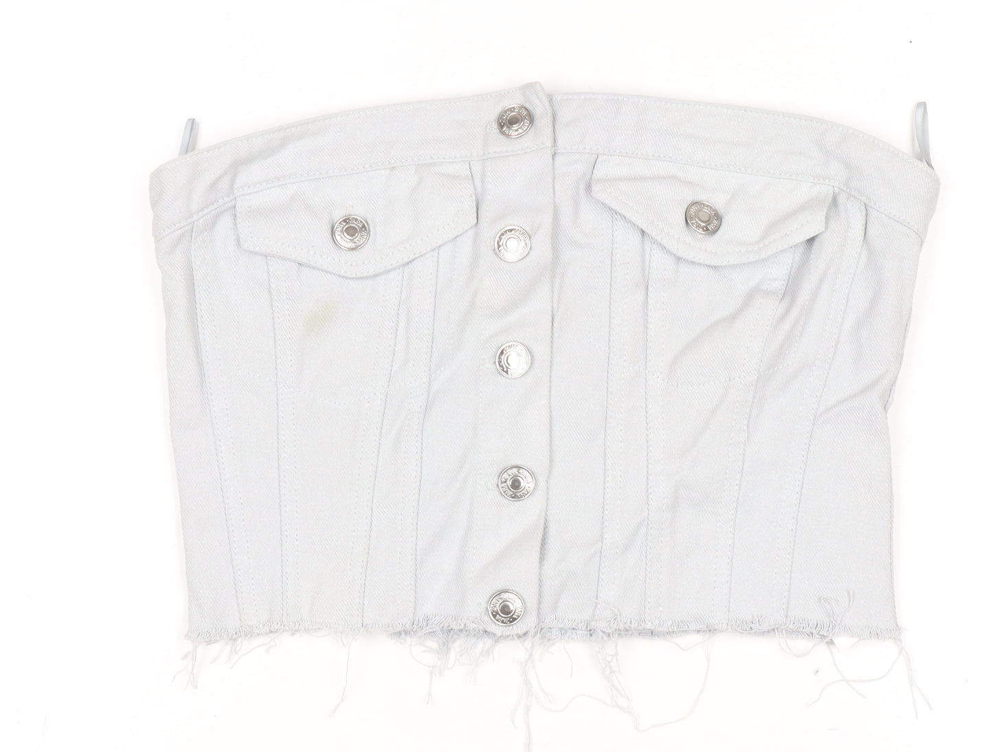 ZARA Women White Cropped Denim Button Strapless Blouse XS