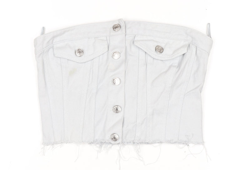ZARA Women White Cropped Denim Button Strapless Blouse XS