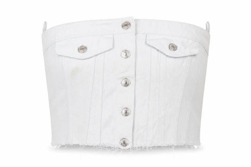 Front view of Zara Women White Cropped Denim Button Strapless Blouse XS