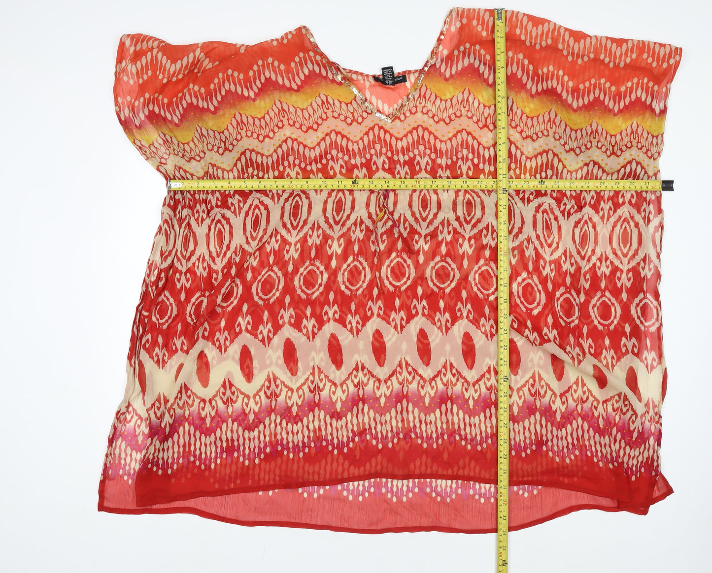 Club Z Collection Women Red Geometric Sheer Tunic Blouse Size L