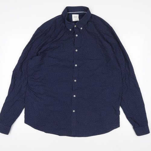 Burton Menswear London Men's Blue Geometric Button-Down Long Sleeve Cotton Shirt XL