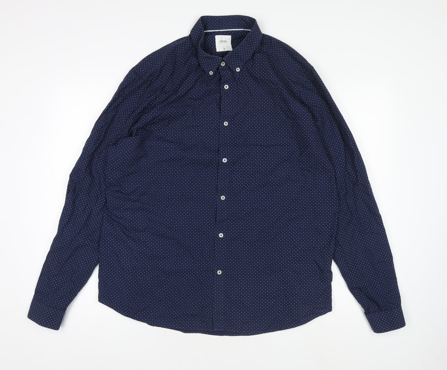 Burton Menswear London Men's Blue Geometric Button-Down Long Sleeve Cotton Shirt XL