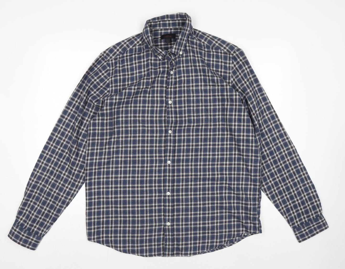 Next Signature Men's Blue Check Flannel Button-Down Shirt L 42-44"