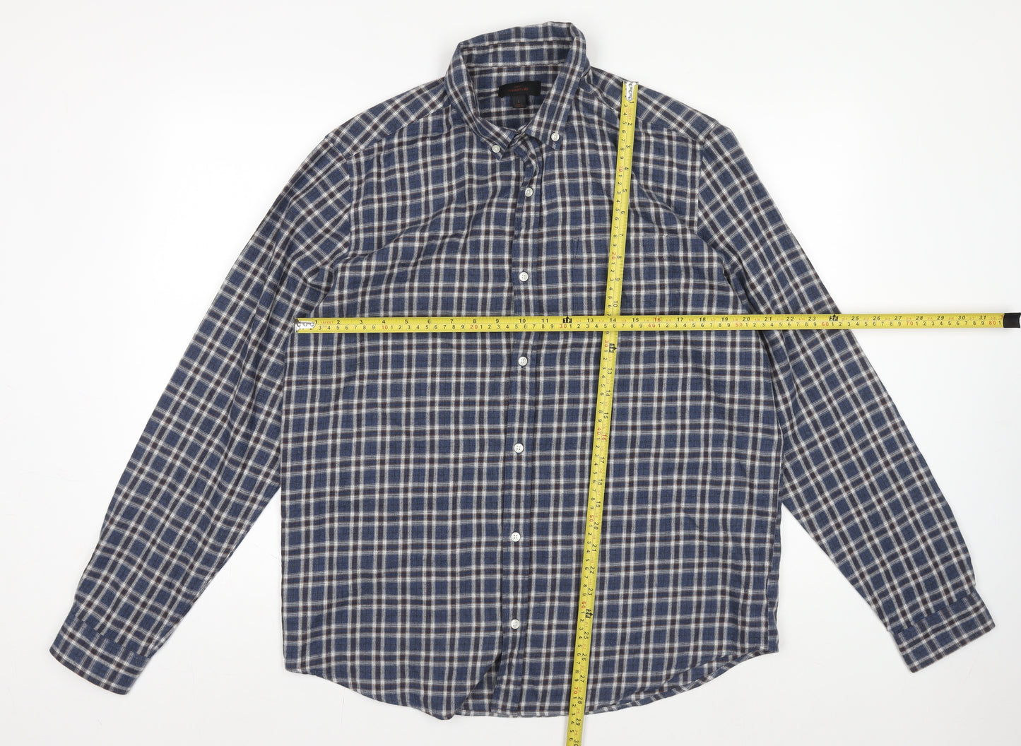 Next Signature Men's Blue Check Flannel Button-Down Shirt L 42-44"