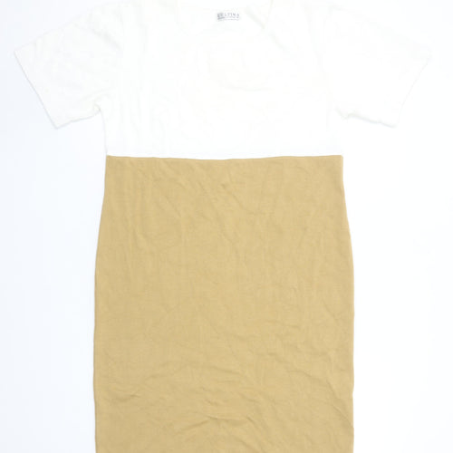 L'Ultima Women's Beige White Cotton Colourblock T-Shirt Dress Size S