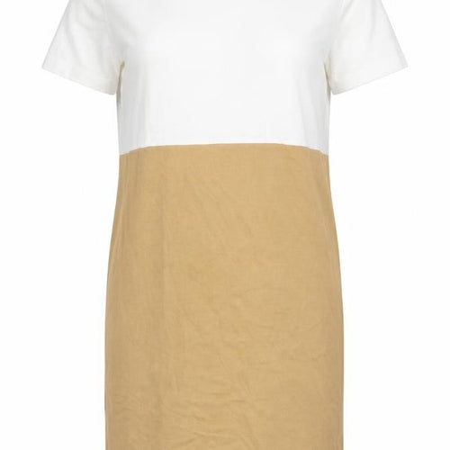 L'Ultima Women's Beige White Cotton Colourblock T-Shirt Dress Size S