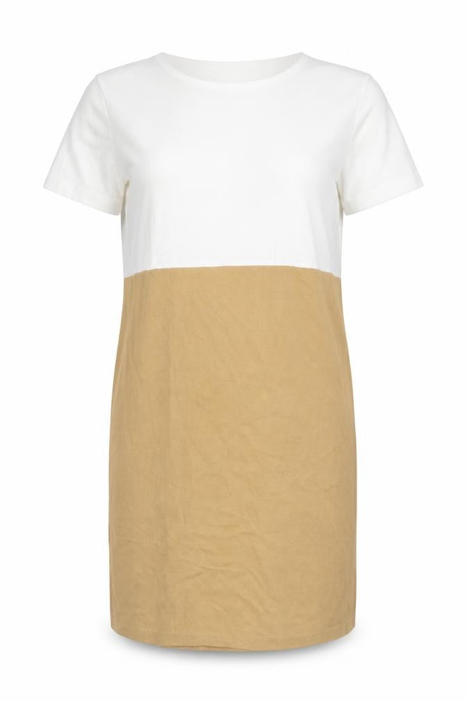 L'Ultima Women's Beige White Cotton Colourblock T-Shirt Dress Size S