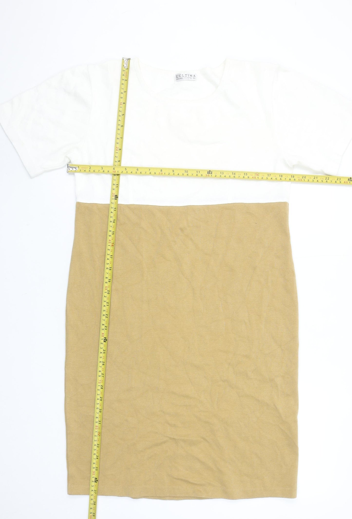 L'Ultima Women's Beige White Cotton Colourblock T-Shirt Dress Size S