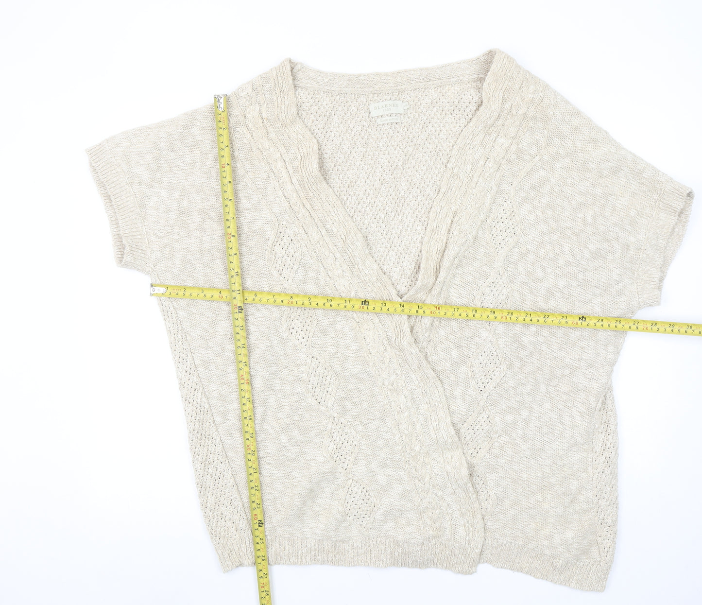 Blarney Women’s Beige 2XL Linen Cotton Open-Knit Short Sleeve Cardigan
