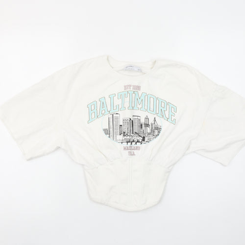 Bershka Womens White Cropped Baltimore Short Sleeve T-Shirt Size S