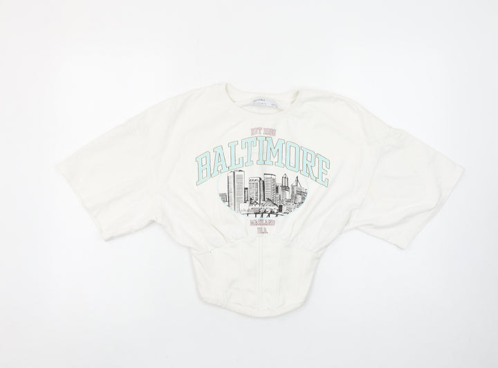 Bershka Womens White Cropped Baltimore Short Sleeve T-Shirt Size S