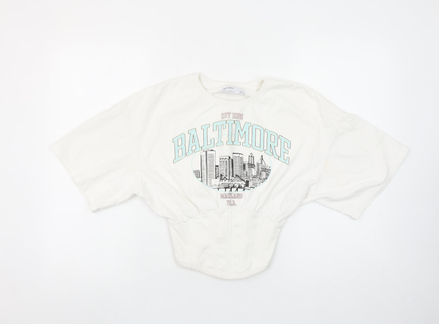 Bershka Womens White Cropped Baltimore Short Sleeve T-Shirt Size S