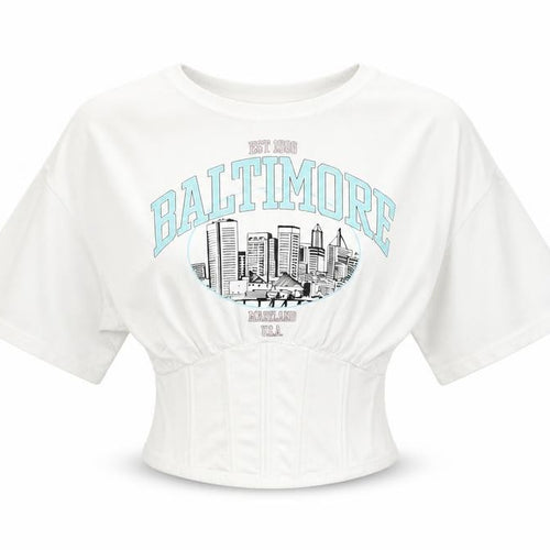 Bershka Womens White Cropped Baltimore Short Sleeve T-Shirt Size S