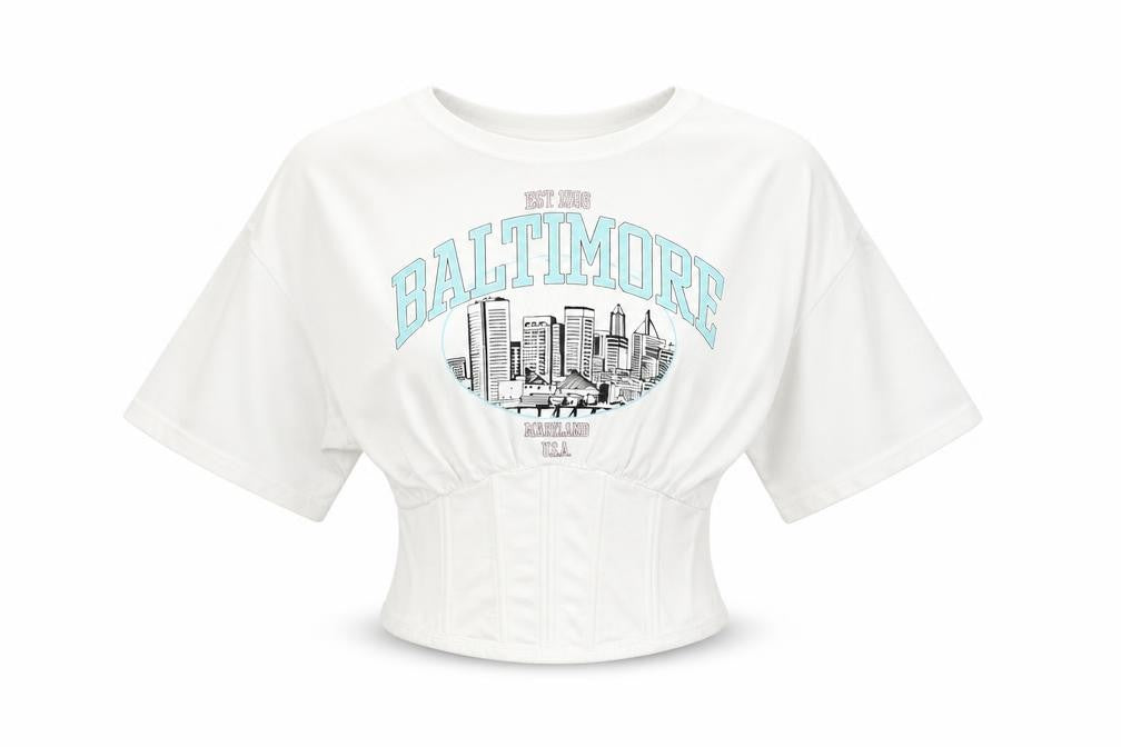 Bershka Womens White Cropped Baltimore Short Sleeve T-Shirt Size S