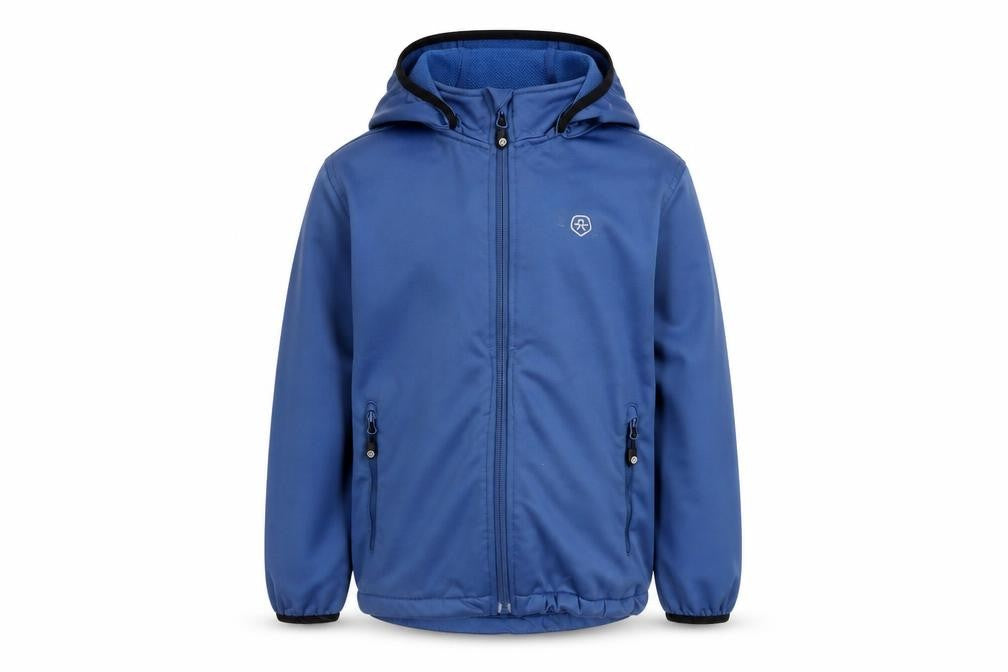 Front view of Color Kids boys’ blue hooded soft shell jacket 7 years windproof & water resistant