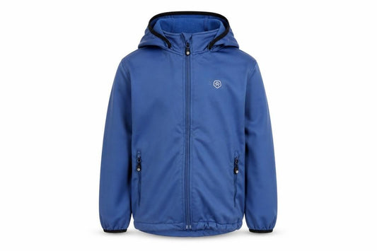 Front view of Color Kids boys’ blue hooded soft shell jacket 7 years windproof & water resistant