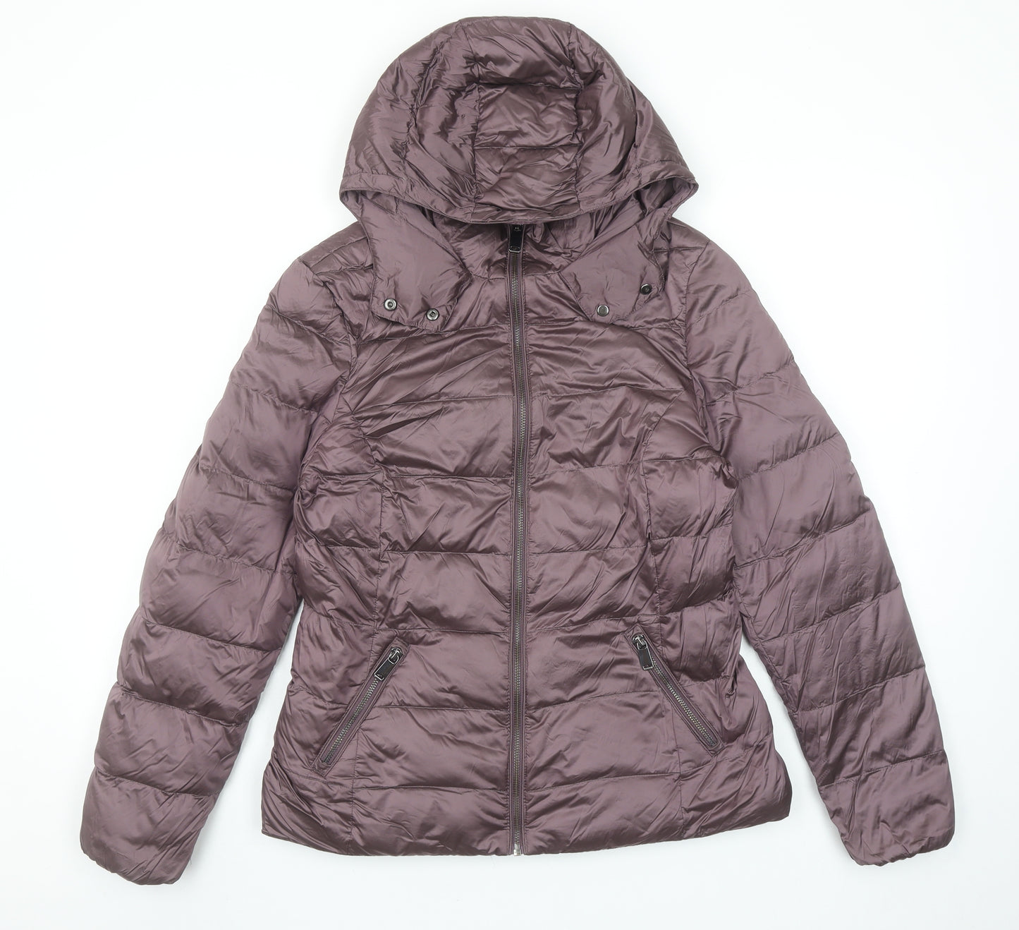 Marks and Spencer Womens Purple Puffer Jacket Size 8 Hooded Mid-Length