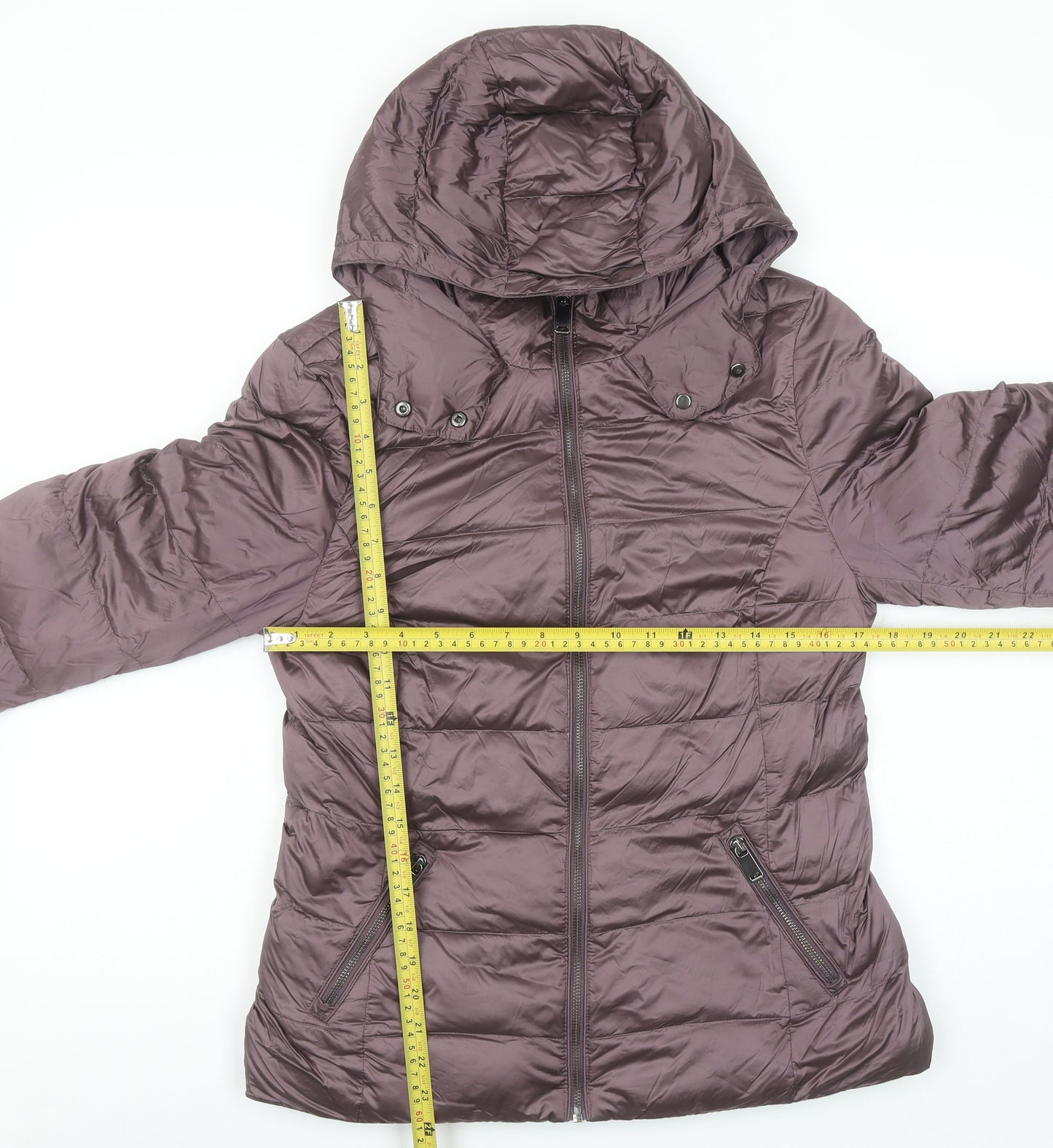Marks and Spencer Womens Purple Puffer Jacket Size 8 Hooded Mid-Length