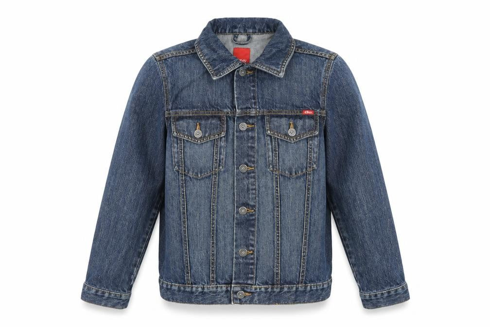 Front view of s.Oliver boys’ blue denim basic jacket, size 164 l, cotton casual