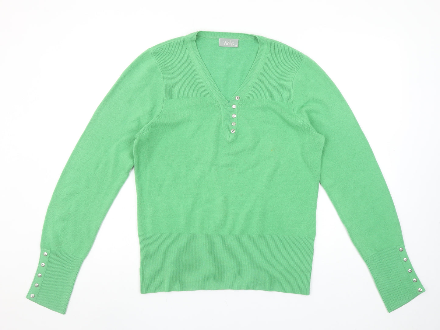 Wallis Women's Green V-Neck Henley Jumper Size 14
