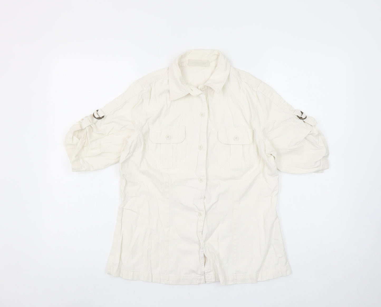 Dunnes Stores Women’s Ivory Linen Blend Short Sleeve Button-Up Shirt Size 14