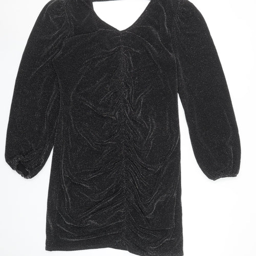 Wallis Women’s Black Glitter Ruched Bodycon Knee Length Dress Size 14