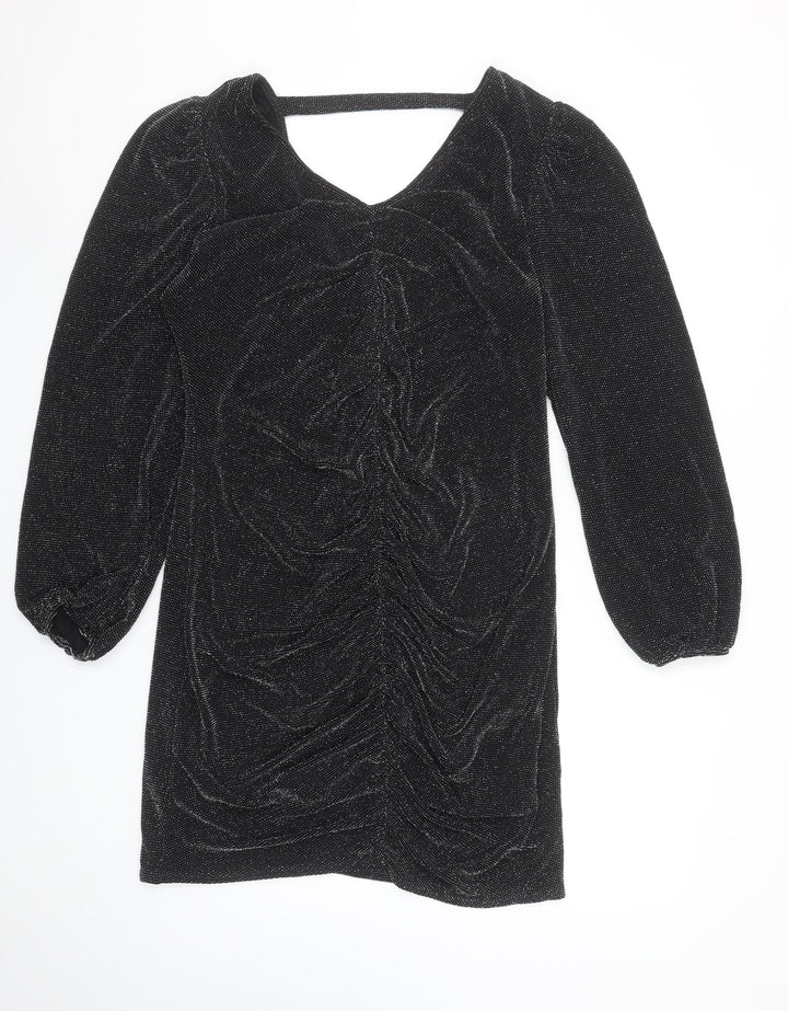 Wallis Women’s Black Glitter Ruched Bodycon Knee Length Dress Size 14