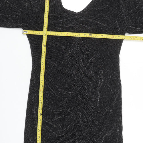 Wallis Women’s Black Glitter Ruched Bodycon Knee Length Dress Size 14