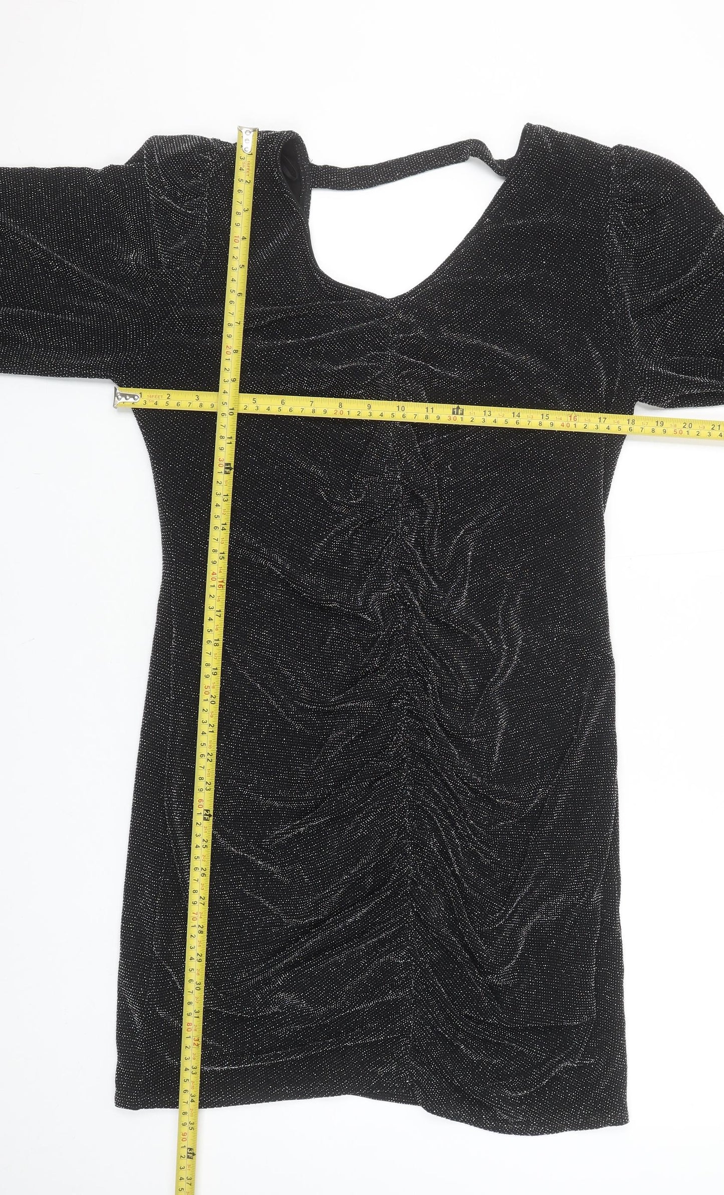 Wallis Women’s Black Glitter Ruched Bodycon Knee Length Dress Size 14