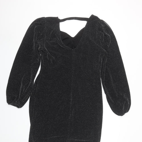 Wallis Women’s Black Glitter Ruched Bodycon Knee Length Dress Size 14