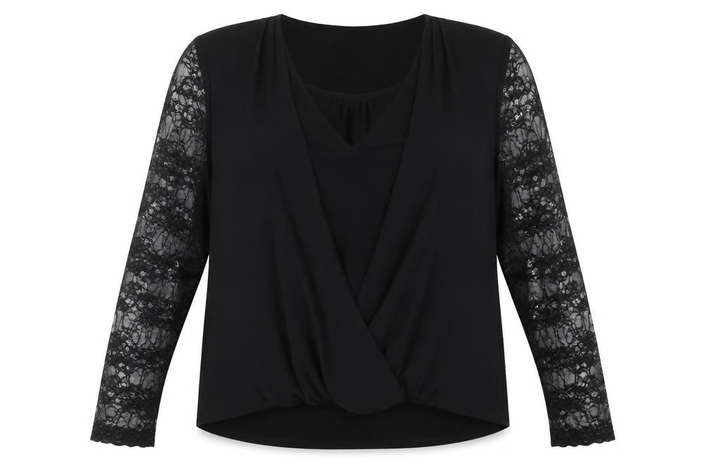 Front view of Coast Women’s Black Lace Sleeve Wrap Blouse, size UK 20
