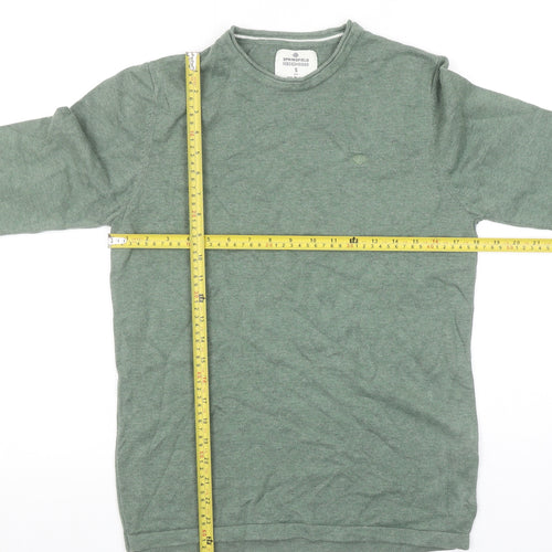 Springfield Men's Green Cotton Crew Neck Pullover Jumper Size S