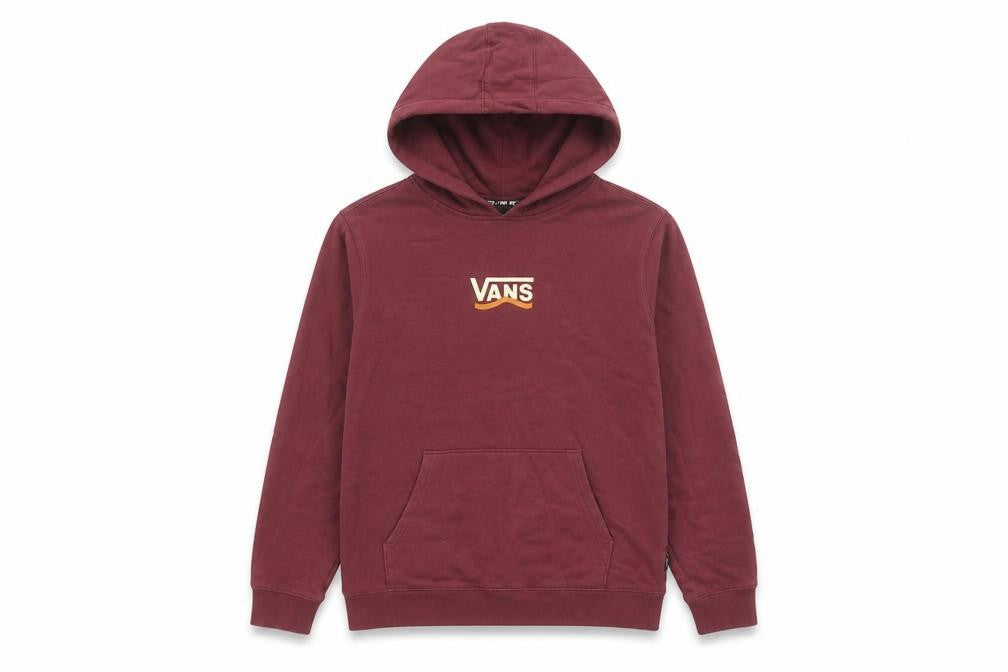Front view of Vans boys’ burgundy hoodie large pullover cotton graphic logo sweatshirt