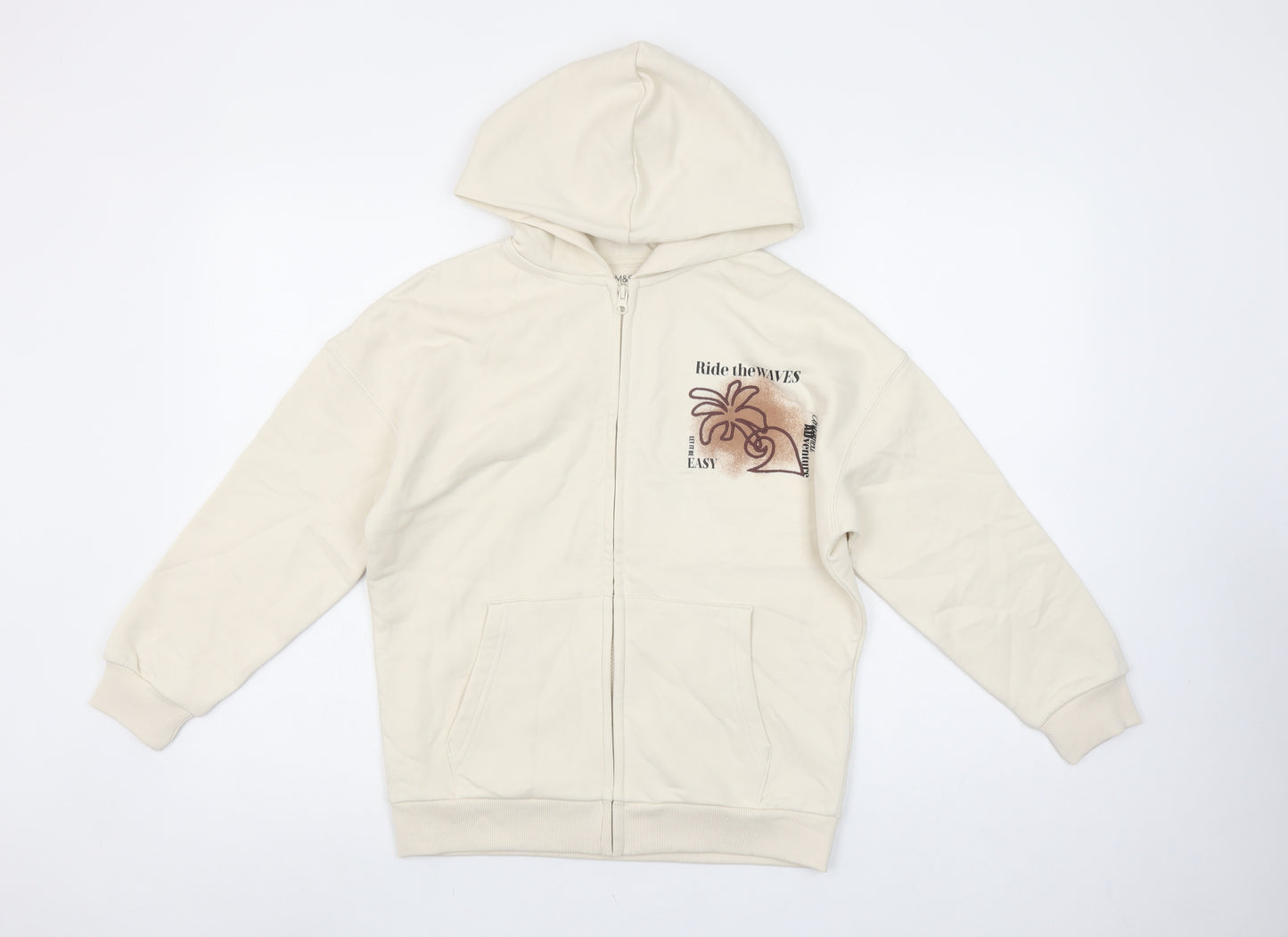 Marks and Spencer Girls Beige Full Zip Hoodie 10-11 Years Ride the Waves Graphic