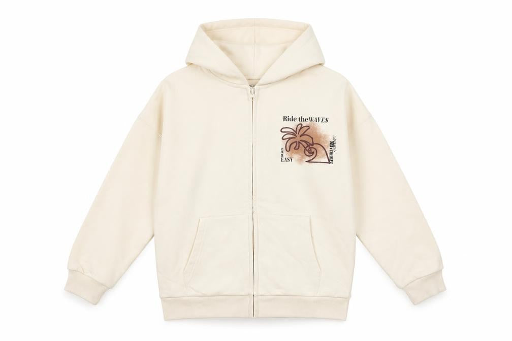 Marks and Spencer Girls Beige Full Zip Hoodie 10-11 Years Ride the Waves Graphic